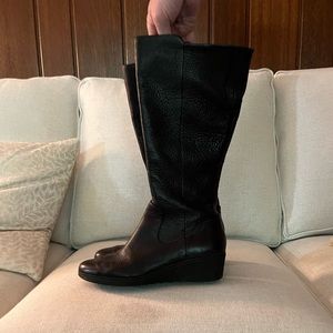 Black Thigh High Wedge Heeled Boots